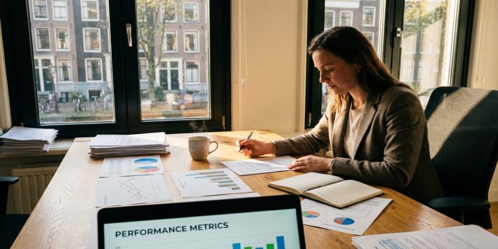 Marketing analist bekijkt kleurrijke analytics grafieken op houten bureau in modern Nederlands kantoor met grachtenhuizen op achtergrond
