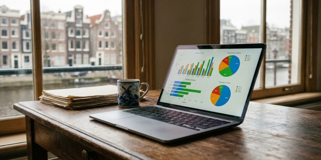 Laptop met kleurrijke marketing analytics op traditioneel Nederlands bureau naast Delfts blauwe kop bij Amsterdams kanaal