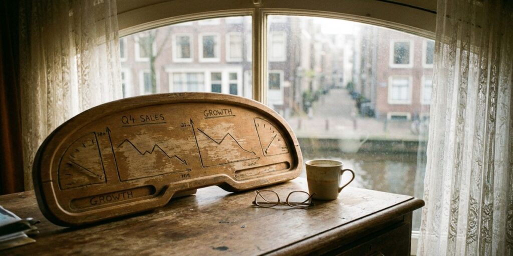 Verweerd houten marketingdashboard met grafieklijnen op Amsterdams kantoorbureautje, koffiekop en bril erbij