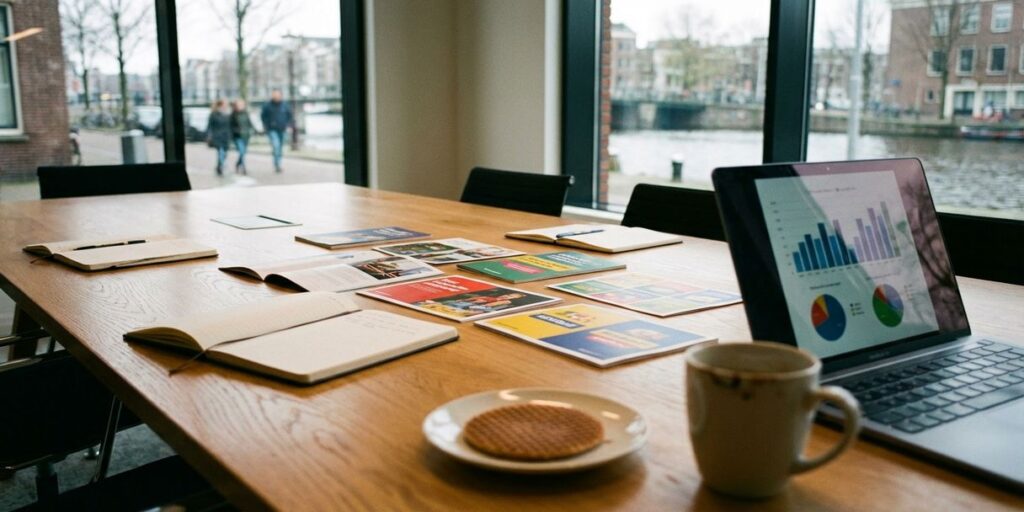 Vergadertafel met marketingdocumenten en laptop in modern kantoor met uitzicht op Amsterdamse grachten