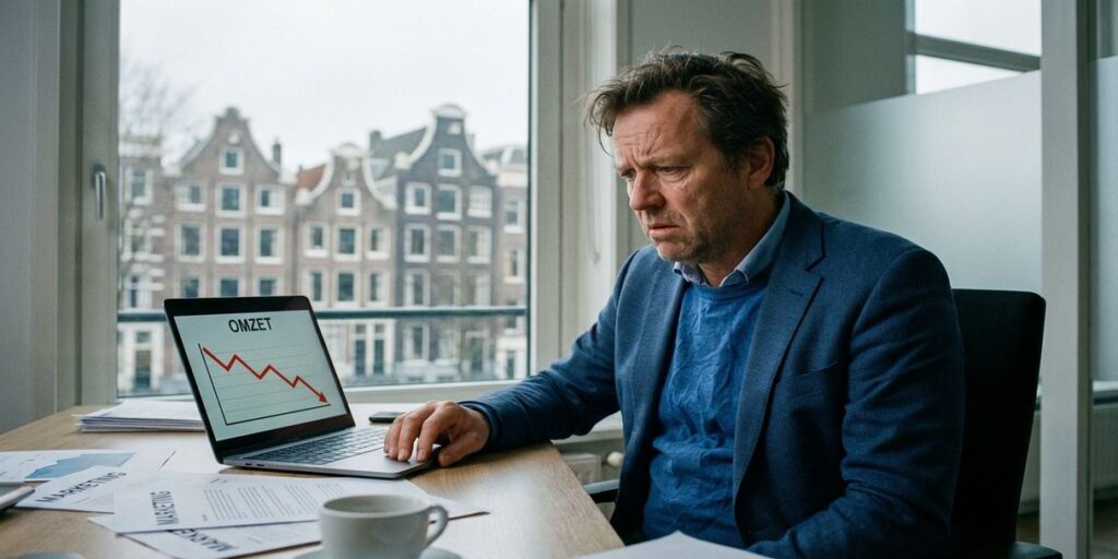 Bezorgde Nederlandse ondernemer kijkt naar dalende grafieken op laptop in Amsterdam kantoor met grachtenhuizen op achtergrond