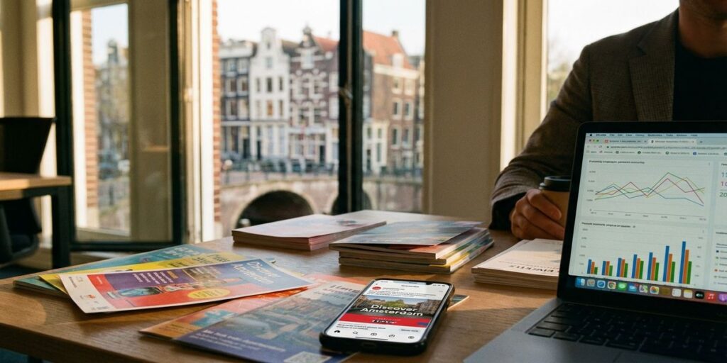 Marketingmanager aan bureau met kleurrijke reclamematerialen, laptop met analyses en smartphone, Amsterdamse grachten op achtergrond