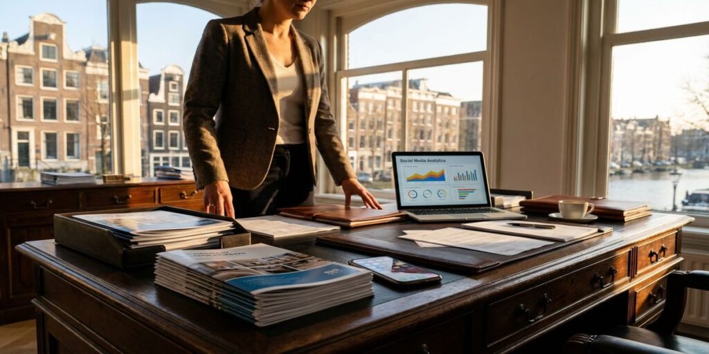 Zakenvrouw aan houten bureau met marketingmaterialen, laptop met social media analytics en smartphone in Amsterdam kantoor