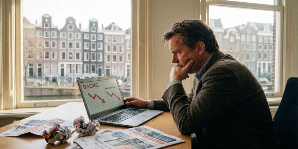 Gefrustreerde Nederlandse marketeer kijkt naar dalende analytics op laptop, kantoor Amsterdam met grachtenhuizen op achtergrond