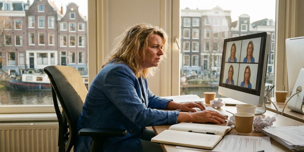 Nederlandse marketeer kijkt gefrustreerd naar computerscherm met profielfoto's in modern Amsterdams kantoor met grachtenhuizen