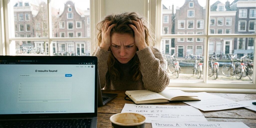 Gefrustreerde marketeer aan bureau met lege zoekresultaten op laptop, doelgroep notities verspreid, Amsterdam kantoor