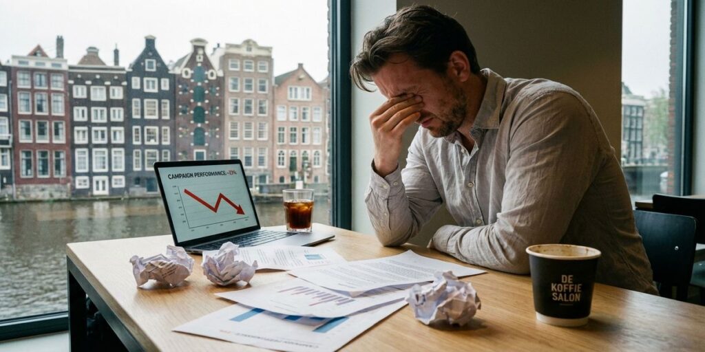 Gefrustreerde marketingprofessional aan bureau met mislukte campagnematerialen en dalende statistieken op laptop