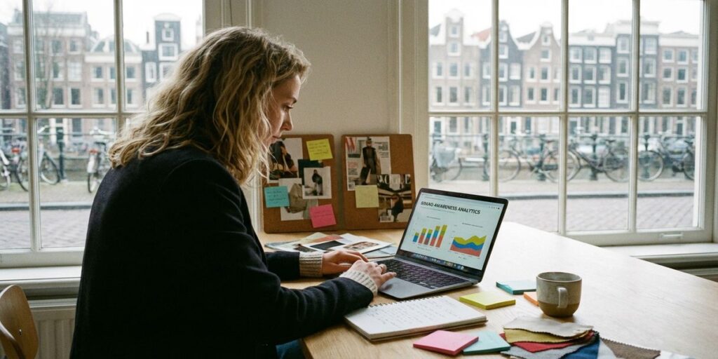 Nederlandse marketeer analyseert merkbewustzijn op laptop met creatieve materialen, Amsterdam grachten op achtergrond