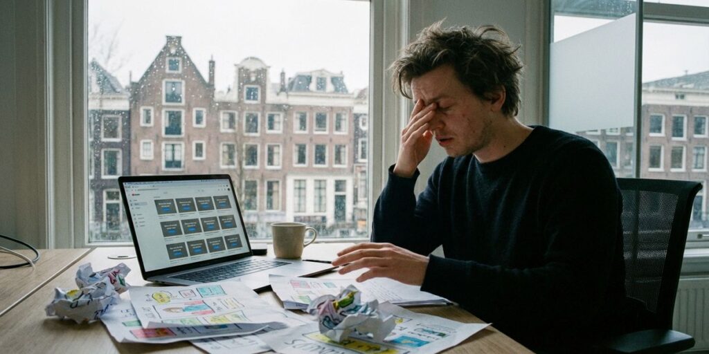 Gefrustreerde marketingprofessional aan bureau met laptop en verkreukelde advertentieschetsen, Amsterdamse grachten op achtergrond