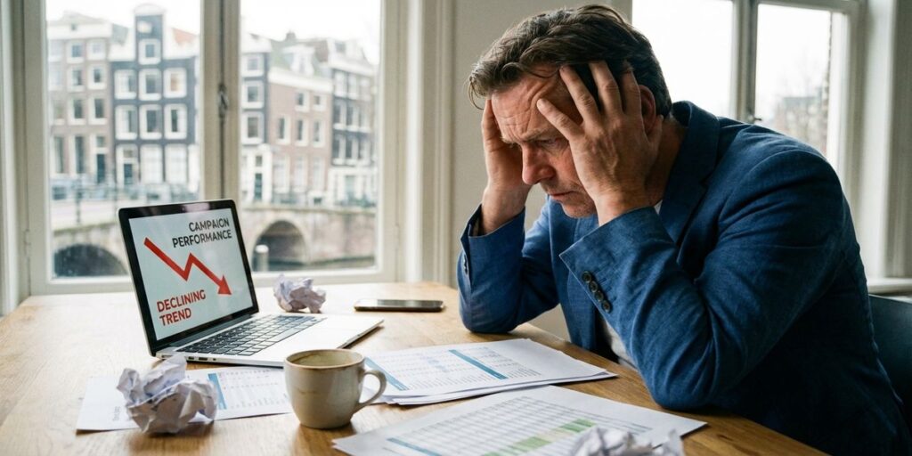 Gefrustreerde marketingprofessional kijkt naar dalende campagnegrafieken op laptop in helder Amsterdams kantoor
