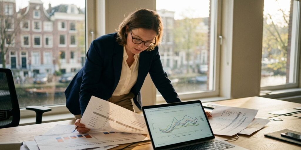 Marketingstrateeg analyseert demografische grafieken en klantprofielen op laptop in helder Amsterdams kantoor