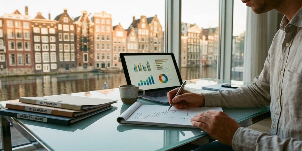 Marketingstrateeg tekent tijdlijndiagrammen aan glazen bureau in Amsterdam kantoor met analytics op laptop