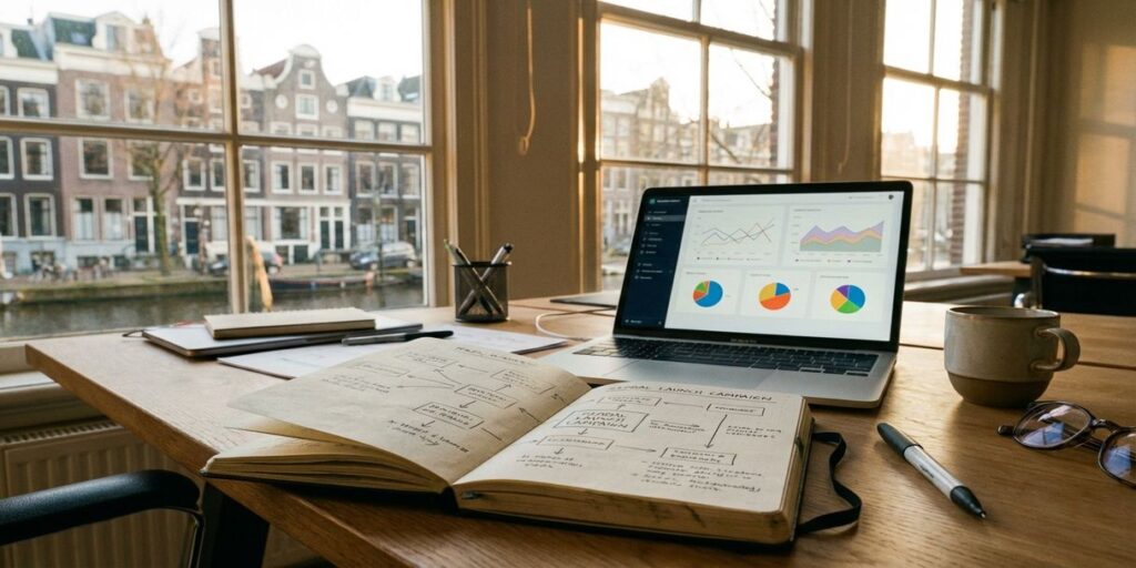 Marketing strategist werkt aan campagne flowcharts op houten bureau met laptop analytics, Amsterdam kantoor met grachtzicht