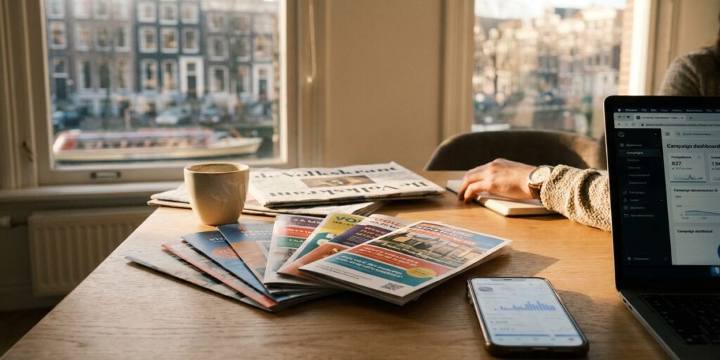 Marketing strategist bureau in Amsterdam met reclame materialen, laptop met campagne statistieken en smartphone op bureau