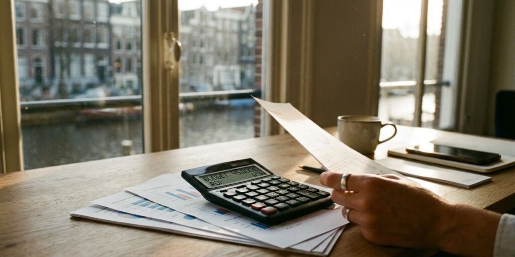 Marketing strategist aan bureau met calculator en campagnerapporten, Amsterdamse gracht op achtergrond