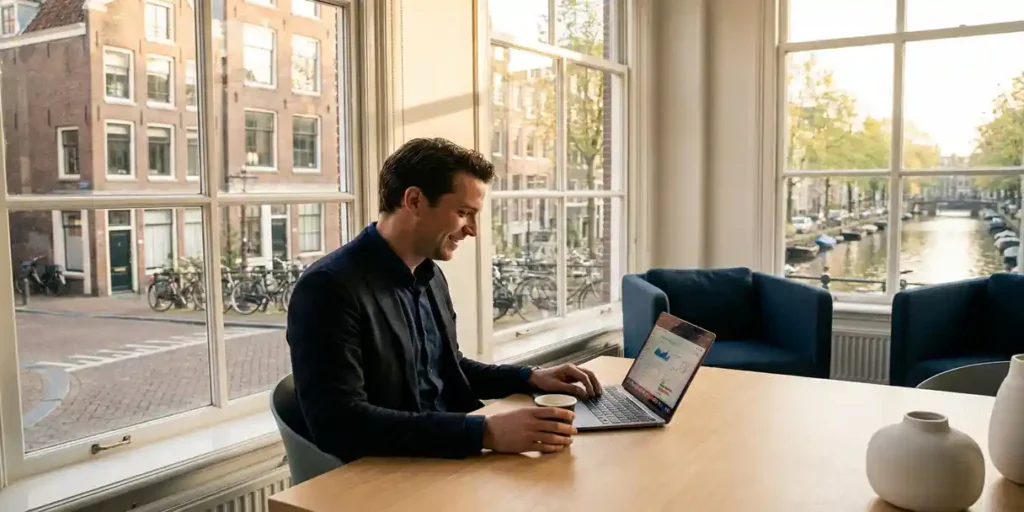 Marketingprofessional analyseert campagnedata op laptop aan modern bureau met uitzicht op Amsterdamse grachtenhuizen.