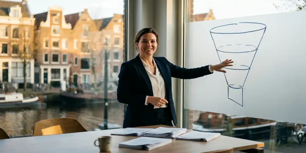 Marketingprofessional presenteert handgetekende marketingfunnel op bevroren glasraam met uitzicht op Amsterdamse grachtenpanden.