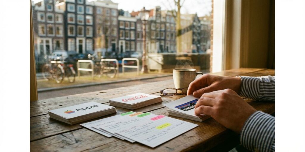 Marktonderzoeker sorteert merklogo's en consumentenonderzoek op houten bureau in Amsterdam kantoor met koffie
