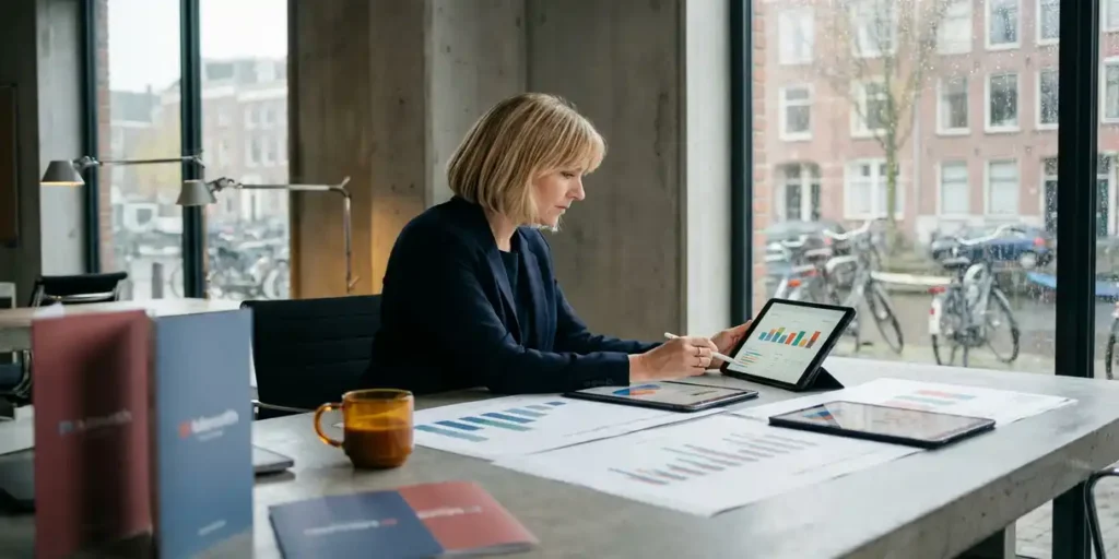 Nederlandstalige mediastrateeg analyseert campagnegrafiekens op modern bureau met Amsterdams grachtzicht op de achtergrond.