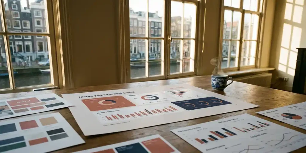 Mediaplanningdashboard op mat papier op een Amsterdams grachtenpandbureau met dampende Delfts blauwe mok en merkstemmingsborden in warm middaglicht.
