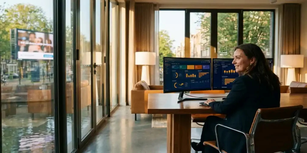 Mediastrateeg analyseert campagnedashboards op twee monitoren in modern Amsterdams kantoor aan de gracht, warm middaglicht.