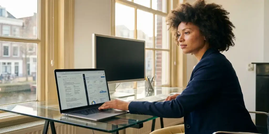 Nederlandse mediastrateeg schuift laptop over glazen bureau in minimalistisch Haarlem-kantoor aan de gracht, warm middaglicht.