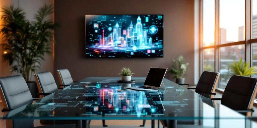 Moderne Nederlandse kantooromgeving met digitale apparaten op glazen vergadertafel en holografische media-iconen