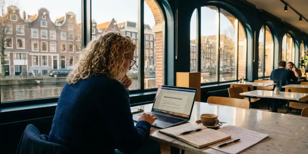 Nederlandse vrouw studeert merkherkenningsonderzoek op laptop in Amsterdams café met grachtenhuizen op de achtergrond.