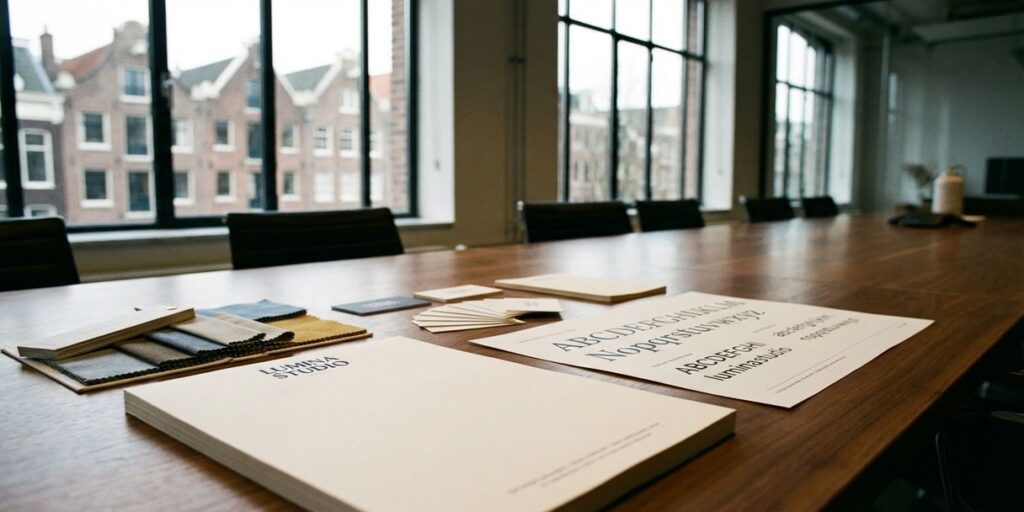 Houten vergadertafel met merkmateriaal zoals logo, visitekaartjes en kleurenpalet in modern Amsterdam kantoor