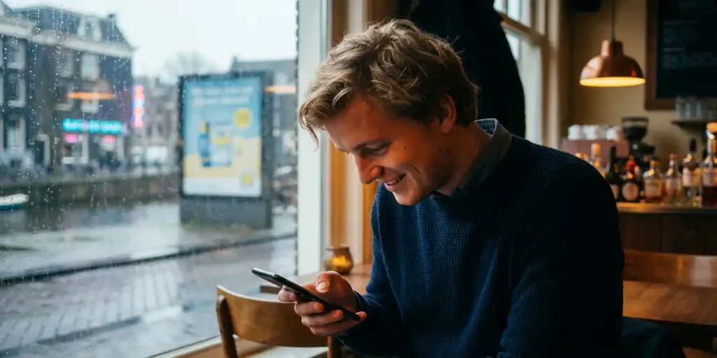 Jonge Nederlandse professional in Amsterdams café speelt mobiel spel, regendruppels op raam met zicht op grachten, warm amberkleurig interieur.