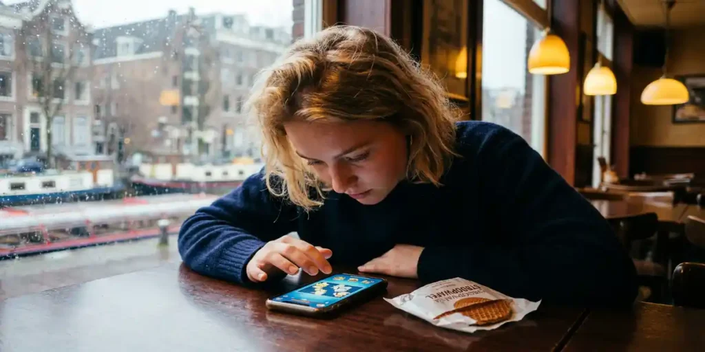 Jonge vrouw speelt mobiel spel in Amsterdams café, leunend over tafel met leeg stroopwafelwikkel, regenachtig grachtenraam op de achtergrond.