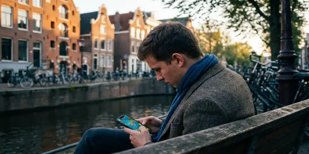 Jonge Nederlandse professional speelt mobiel spel op smartphone, zittend op een bankje aan een Amsterdams gracht in gouden middaglicht.