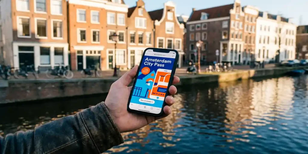 Commuter houdt smartphone met mobiele banneradvertentie vast bij Amsterdamse gracht met bakstenen grachtenpanden en fietsen op de achtergrond.