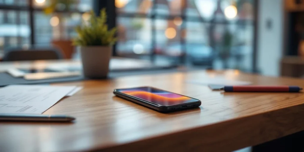 Smartphone met kleurrijke advertentieformaten op modern houten bureau in Nederlandse werkruimte met designschetsen
