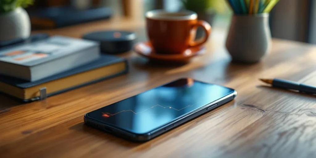Smartphone met gepersonaliseerde mobiele advertentie op houten bureau in Nederlands kantoor met koffiekop en natuurlijk licht