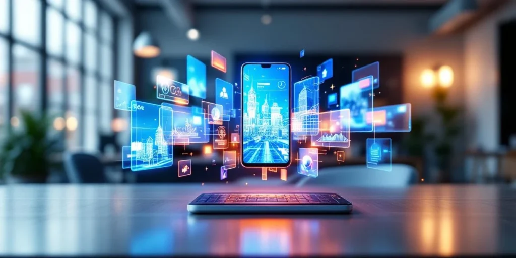 Smartphone met holografische mobiele advertenties boven modern bureau in Nederlands kantoor met grote ramen
