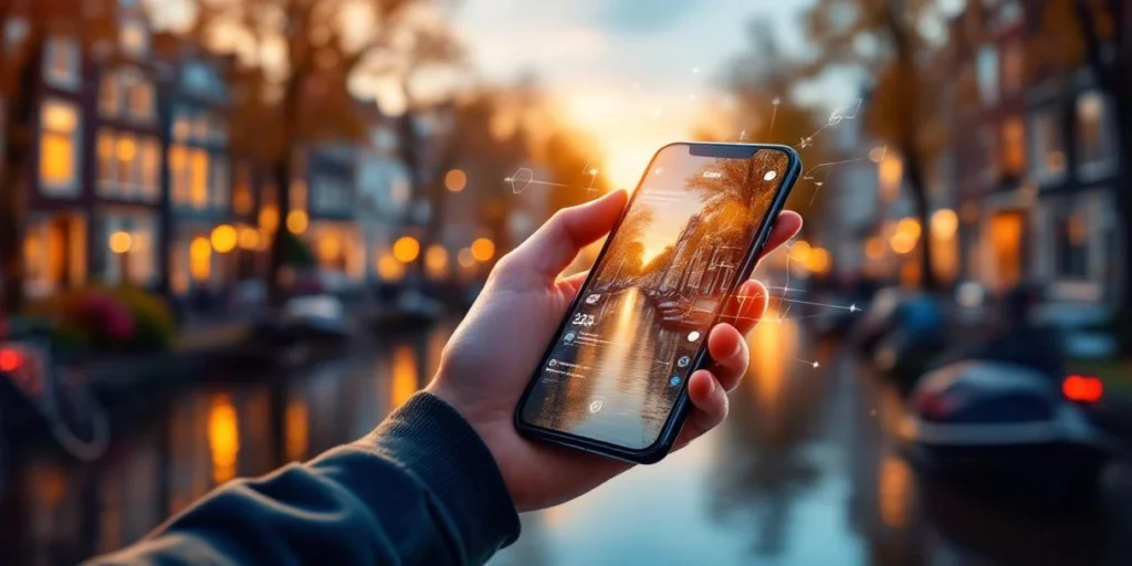 Smartphone met kleurrijke advertenties in Nederlandse hand, grachtenhuizen op achtergrond, digitale marketing interface