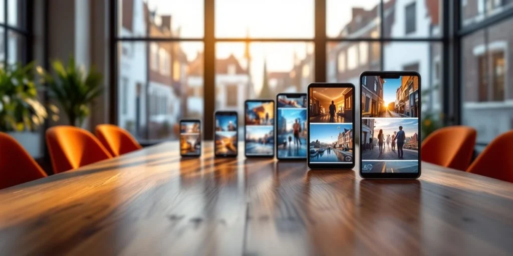 Mobiele apparaten op houten vergadertafel tonen opeenvolgende verhaalschermen in modern Nederlands kantoor met natuurlijk licht