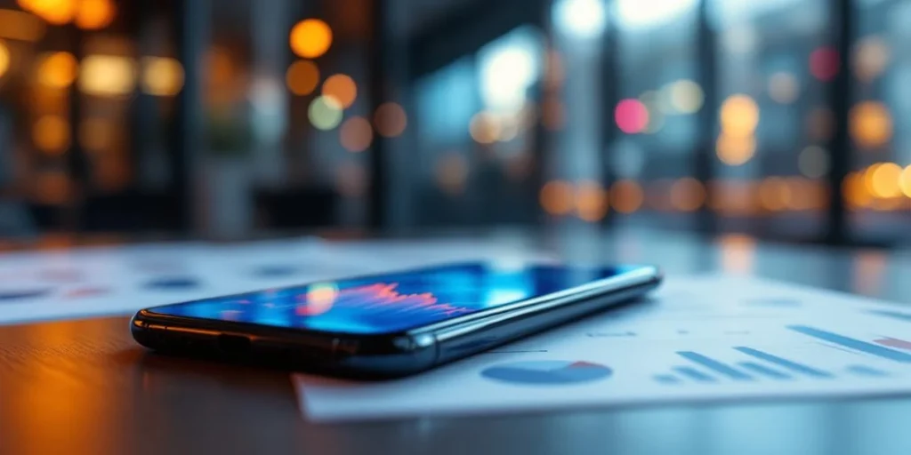 Smartphone met kleurrijke mobiele advertenties op kantoorbureau met analytics grafieken en Nederlandse kantoorgebouwen op achtergrond