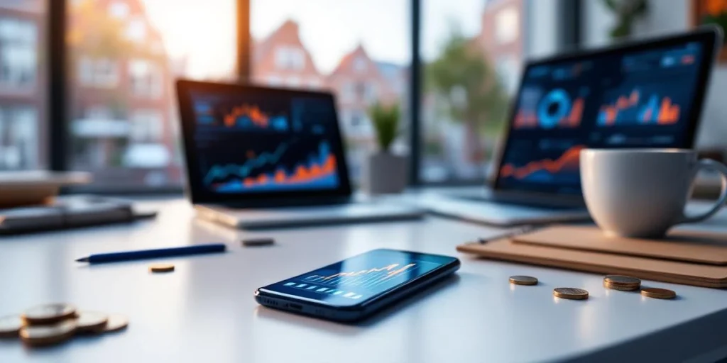 Smartphone met kleurrijke analytics grafieken op modern Nederlands kantoorbureau met laptop en euro munten