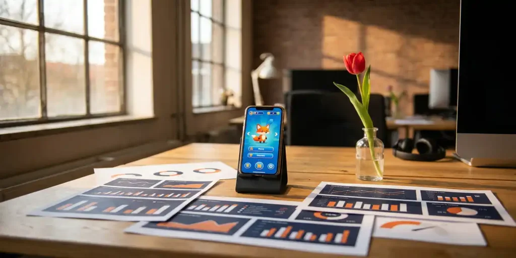 Smartphone met kleurrijk mobiel spel op bureau van Nederlandse game-ontwikkelaar in Haarlem, omringd door analytics en een tulp.