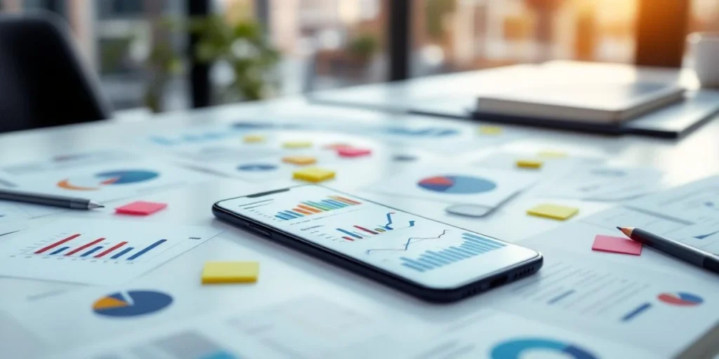 Smartphone met kleurrijke datavisualisatie op wit bureau met marketingdocumenten en strategiepapieren in modern kantoor