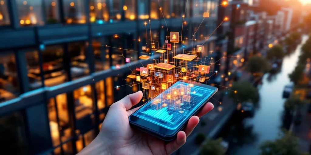 Smartphone toont mobiele advertentie-interface met digitale verbindingslijnen naar modern kantoorgebouw in Amsterdam