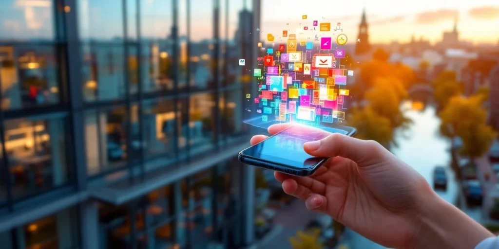 Smartphone met holografische reclame boven modern kantoorgebouw in Amsterdam met traditionele grachtenhuizen