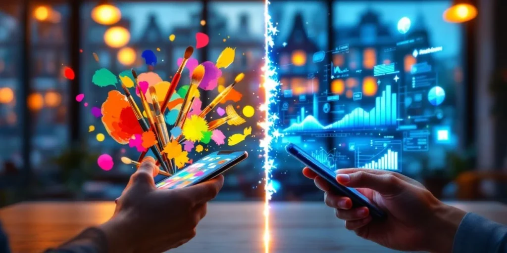 Split-screen mobiele advertenties: creatieve tools en data-analytics in modern Amsterdams kantoor met grachtenhuizen