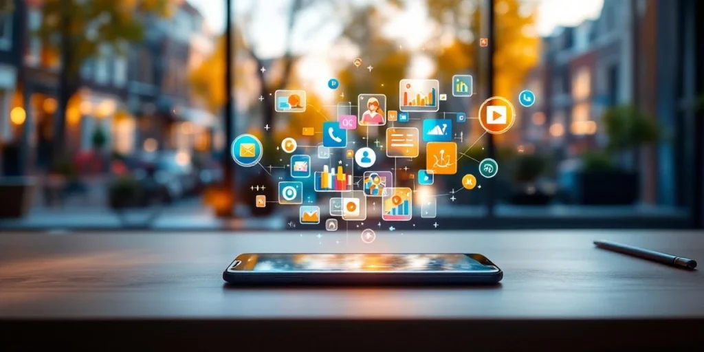 Smartphone met holografische mobiele advertenties op bureau in Nederlands kantoor met grachtenhuizen op achtergrond