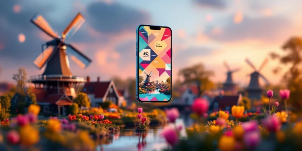 Mobiele telefoon met digitale advertentie zweeft boven Nederlandse landschap met molens en tulpenvelden