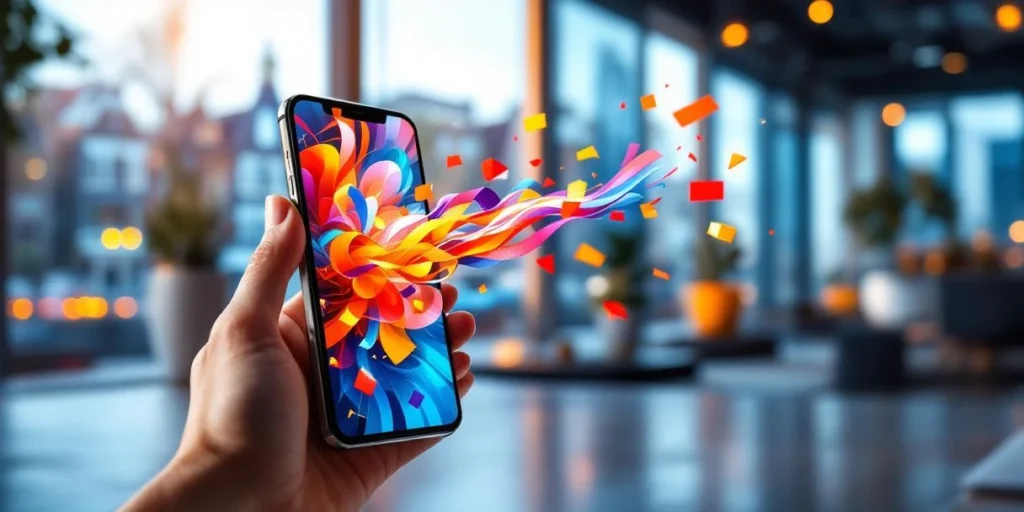 Smartphone toont kleurrijke mobiele advertentie met dynamische vormen in modern Nederlands kantoor met Amsterdamse grachten op achtergrond