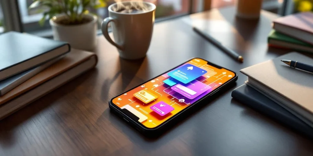 Smartphone op bureau toont mobiele advertentie-interface met kleurrijke banners, omringd door koffie en notitieboeken