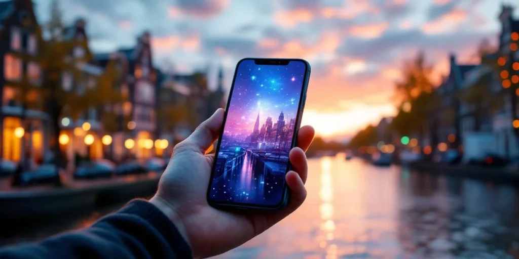 Smartphone met kleurrijke advertenties in Nederlandse hand, met Amsterdamse grachtenhuizen op achtergrond